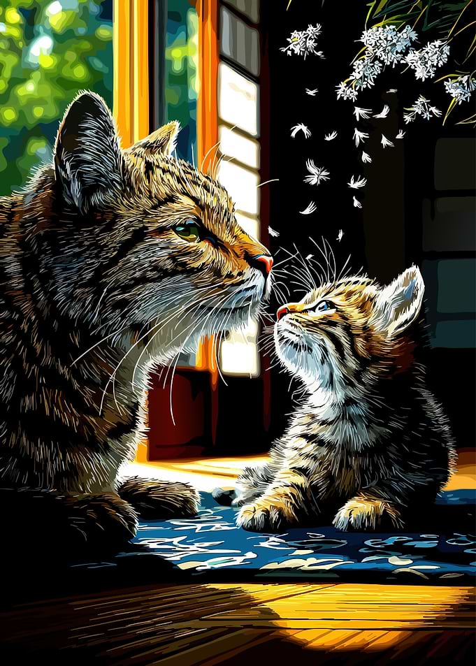 Mother and Kitten Cat Interaction