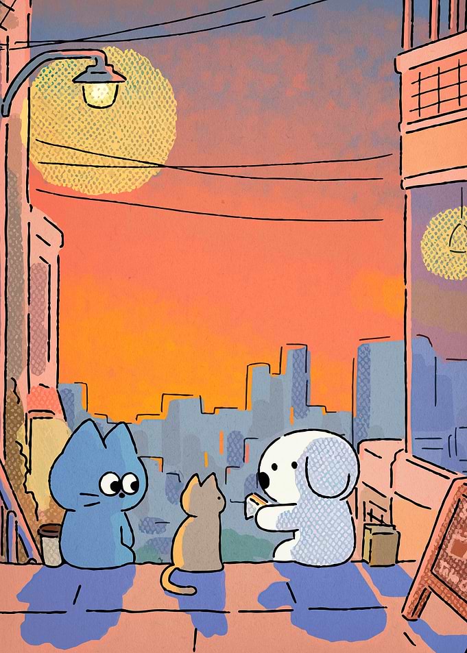 Cute Animals in a Cityscape at Sunset