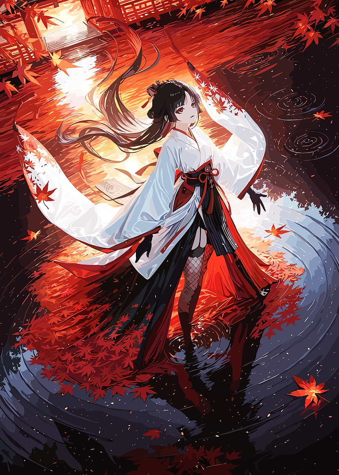 Anime Girl in Kimono with Maple Leaves