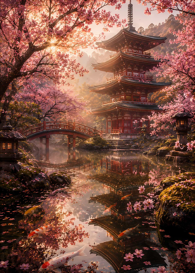 Serene Japanese Garden with Pagoda and Koi Pond