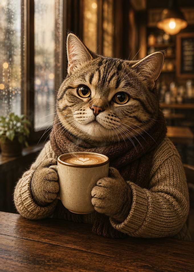Cat with Coffee in Cozy Cafe