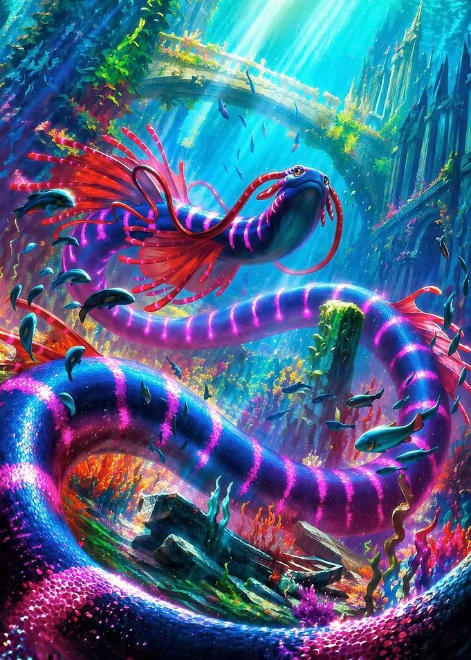 Underwater Serpent in Ancient Ruins