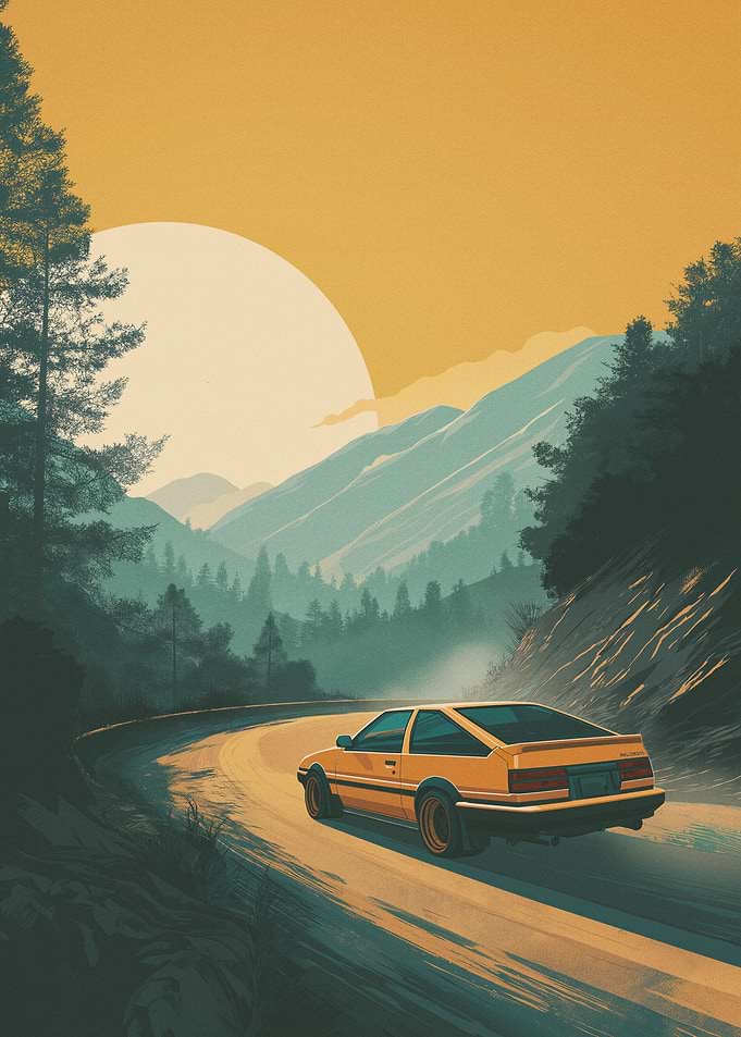 Yellow Car on Mountain Road