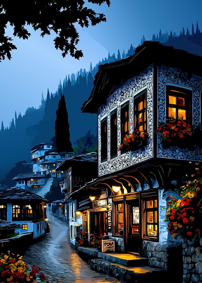 Village street at dusk