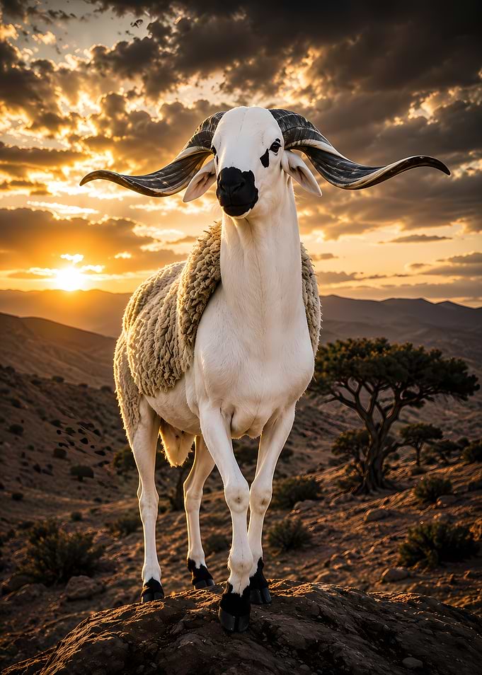 Ram with large horns at sunset