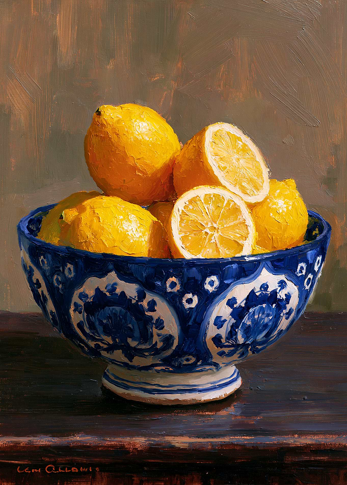 Lemons in a Blue and White Bowl
