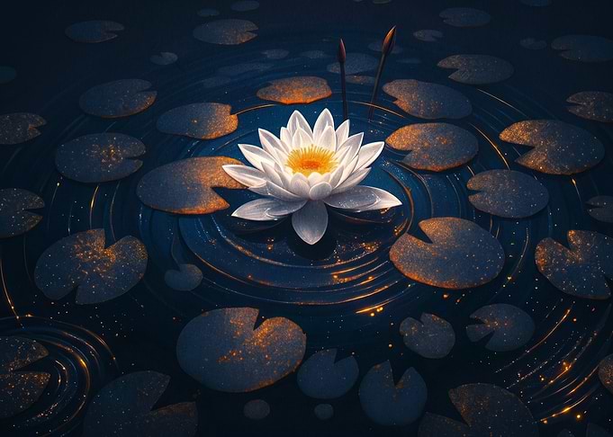 Serene White Water Lily at Night