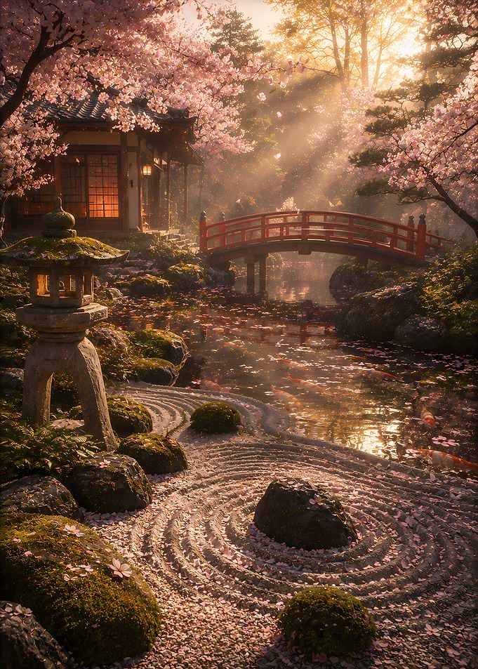 Serene Japanese Garden with Cherry Blossoms