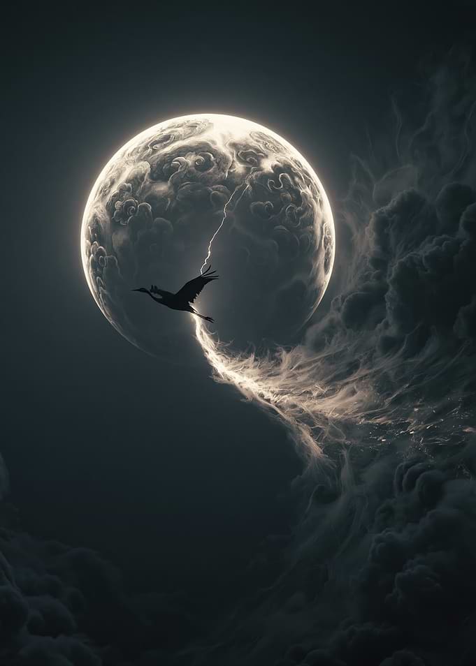 Bird Flying Through Moonlit Clouds