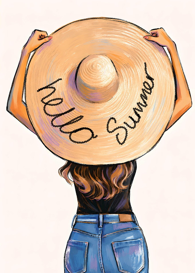 Woman in a wide-brimmed hat saying Hello Summer