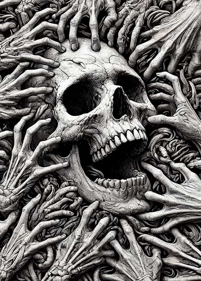 Screaming Skull Surrounded by Hands