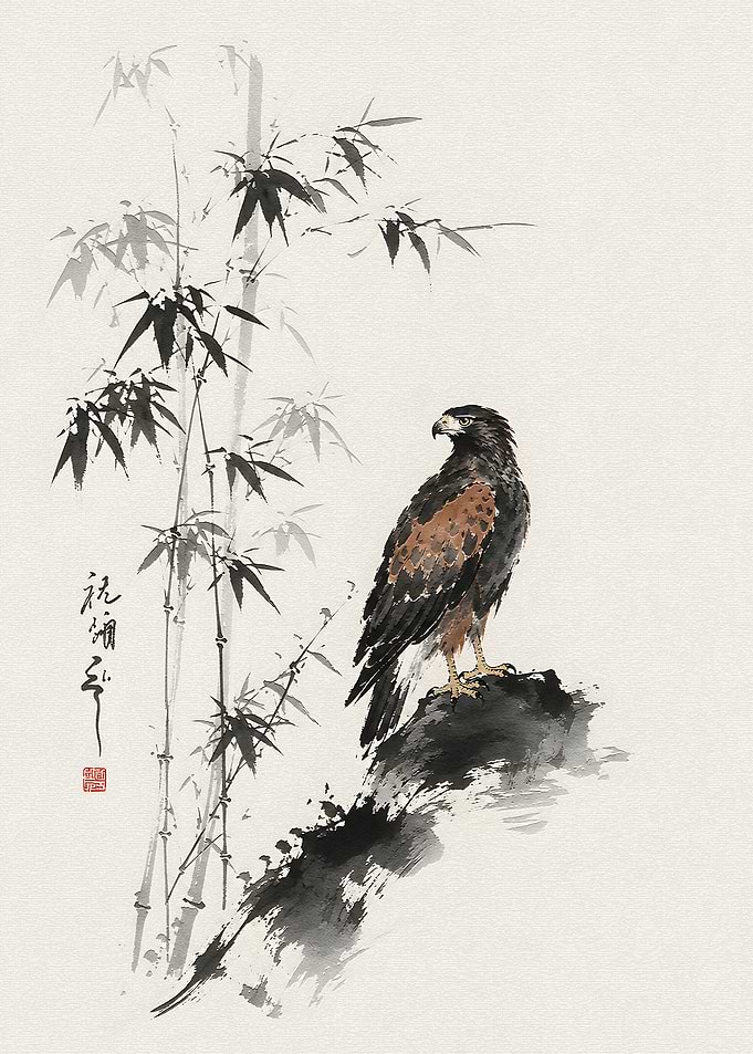 Hawk Perched on Rock with Bamboo