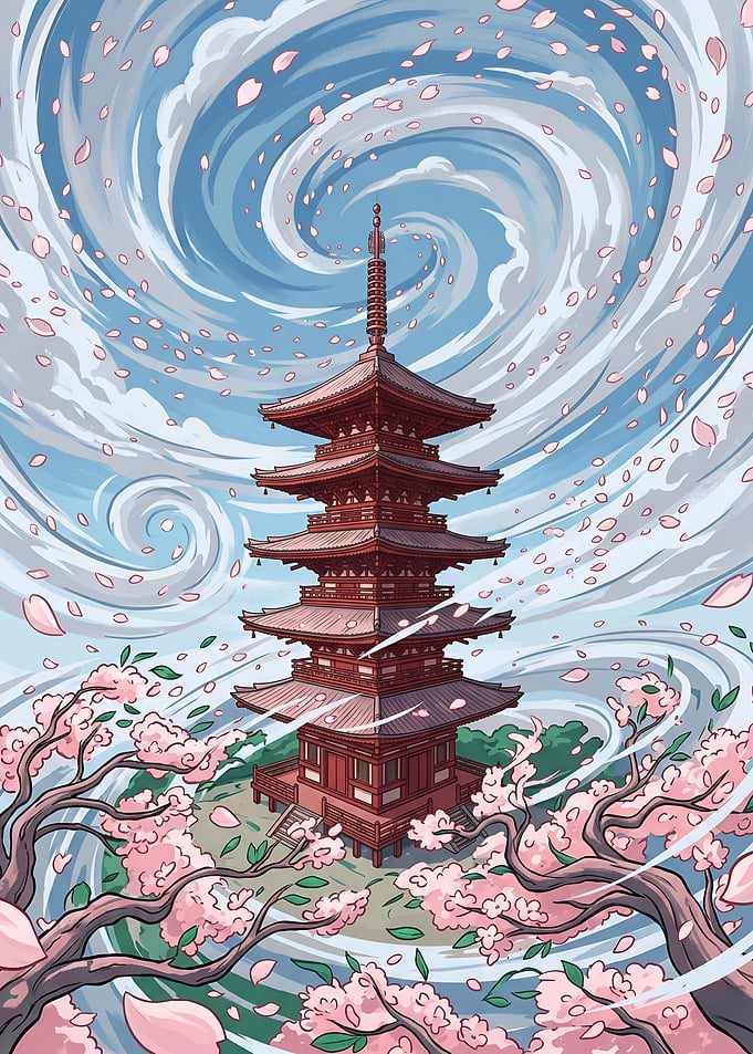 Japanese Pagoda and Swirling Cherry Blossom Poster