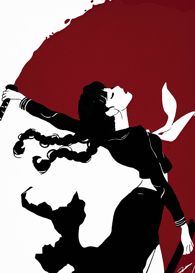 Anime Girl with Sword and Red Splash