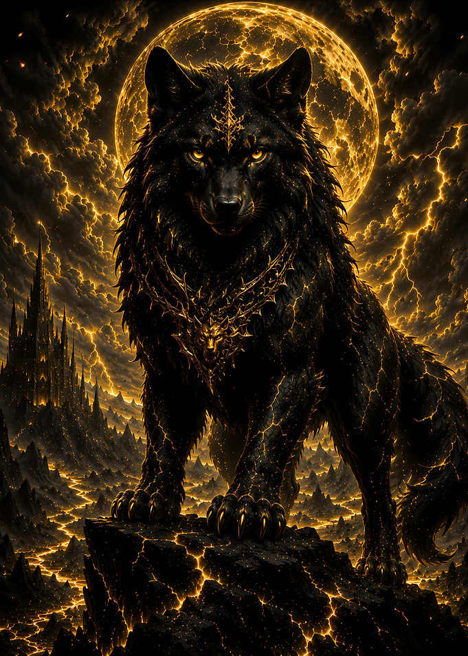 Mythical Black Wolf Under Golden Moon