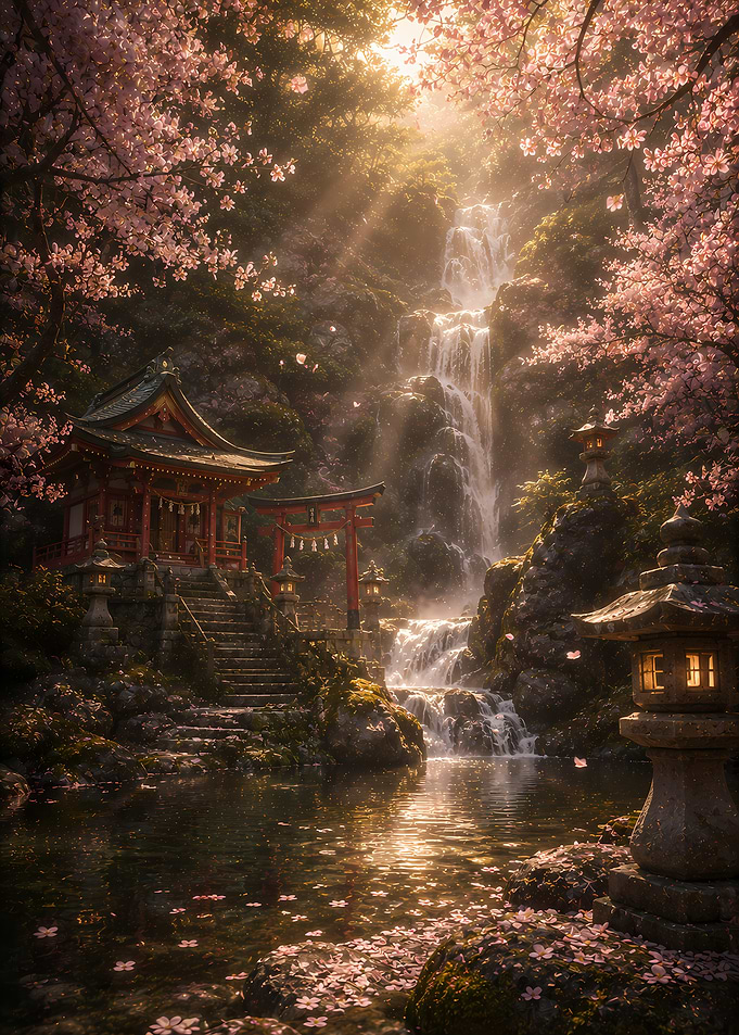 Serene Japanese Shrine by Waterfall