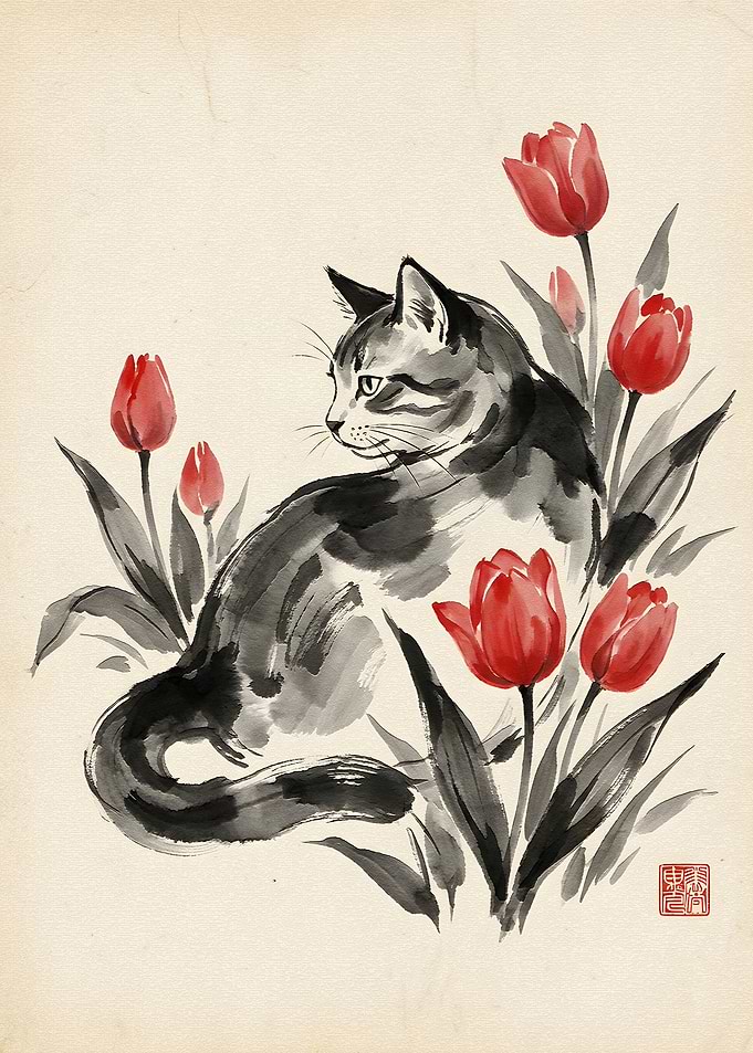 Cat and Tulips Ink Painting