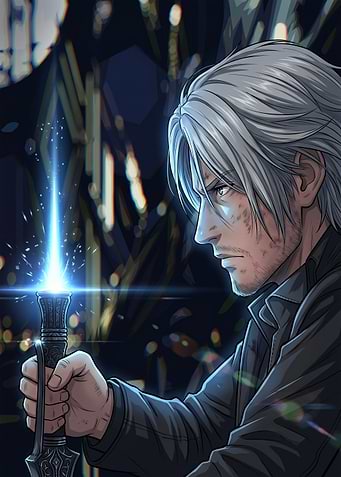 Man holding glowing sword in city