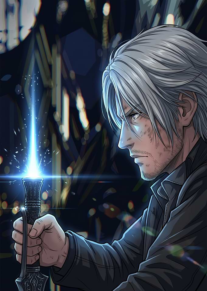 Man holding glowing sword in city