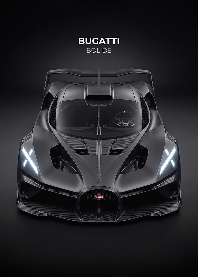 sleek black Bugatti Bolide Front View car poster