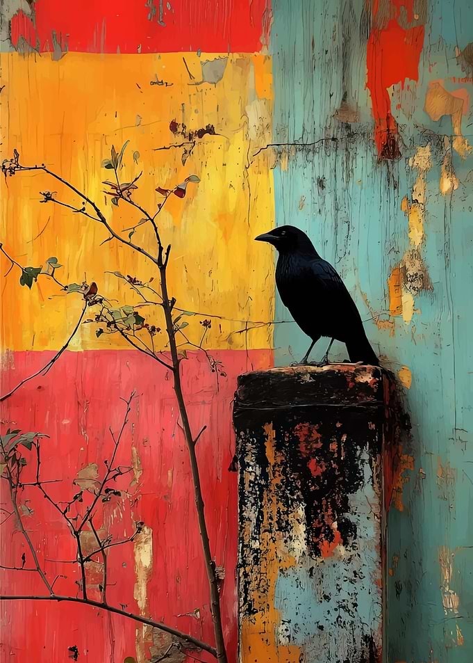 Black bird on weathered post