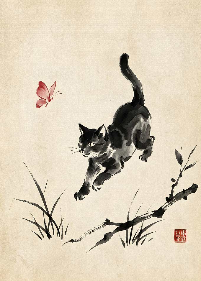 Black Cat Chasing Butterfly