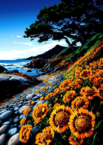 Coastal scene with wildflowers and ocean
