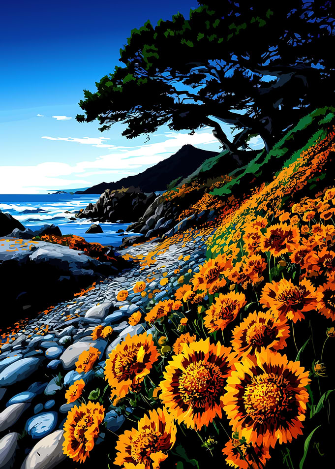 Coastal scene with wildflowers and ocean