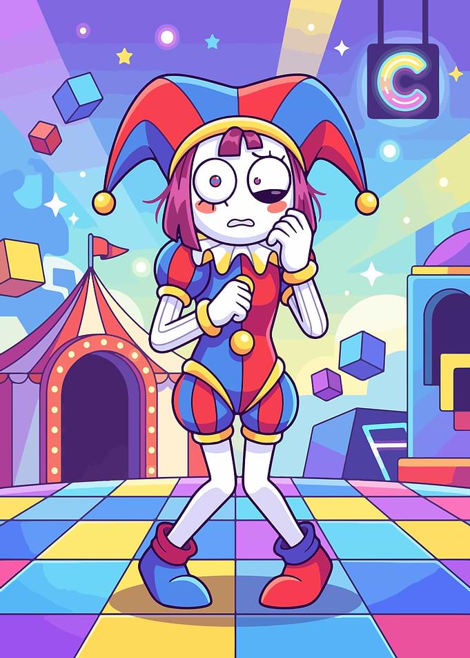 Pomni Worried Jester in a Circus Setting