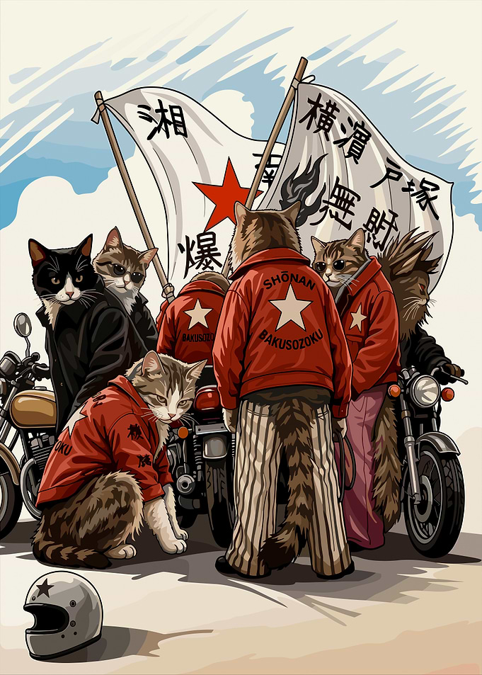 Cats in Biker Jackets with Flags
