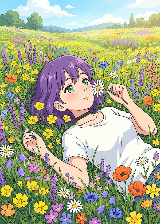 Anime Girl in a Flower Field