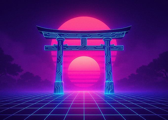 Retro Torii Gate Sunset Grid