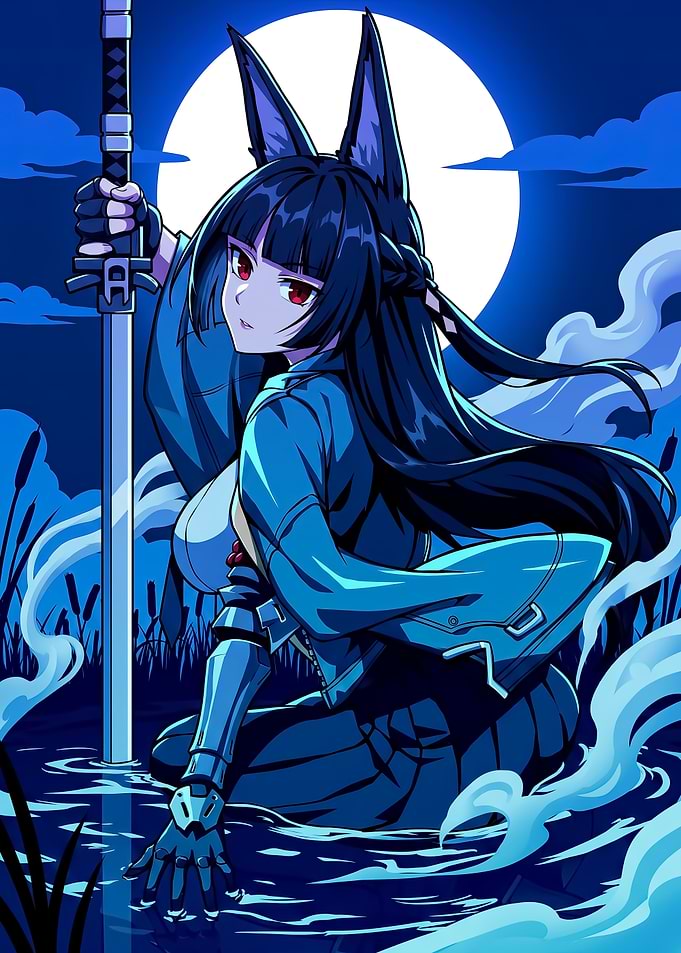 Anime Girl with Katana in Moonlit Water