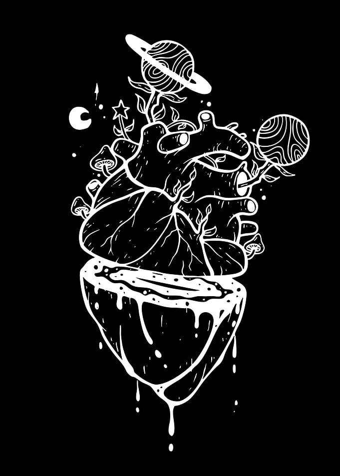 Cosmic Heart with Planets and Mushrooms