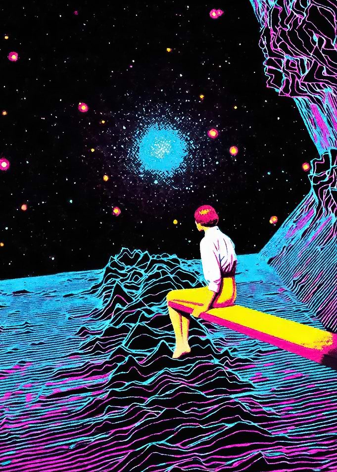 Person sitting on a platform in space