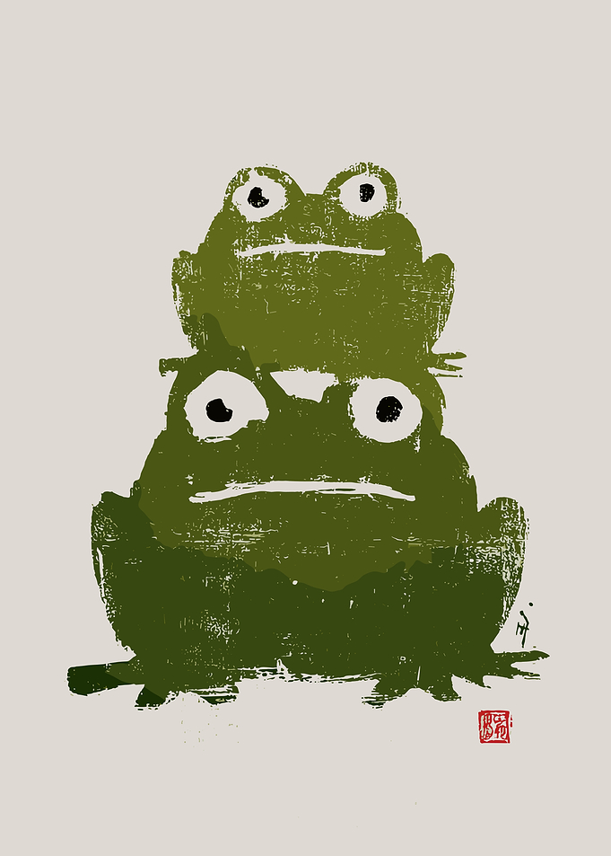 Two Green Frogs Stacked
