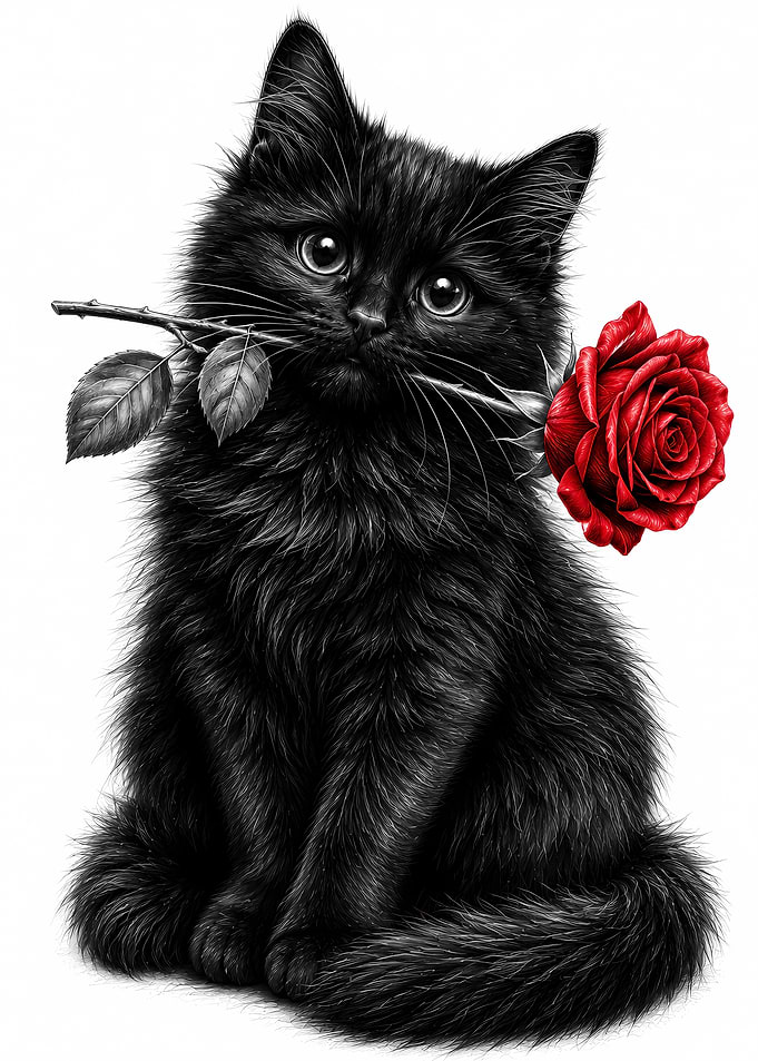 Black kitten with a red rose