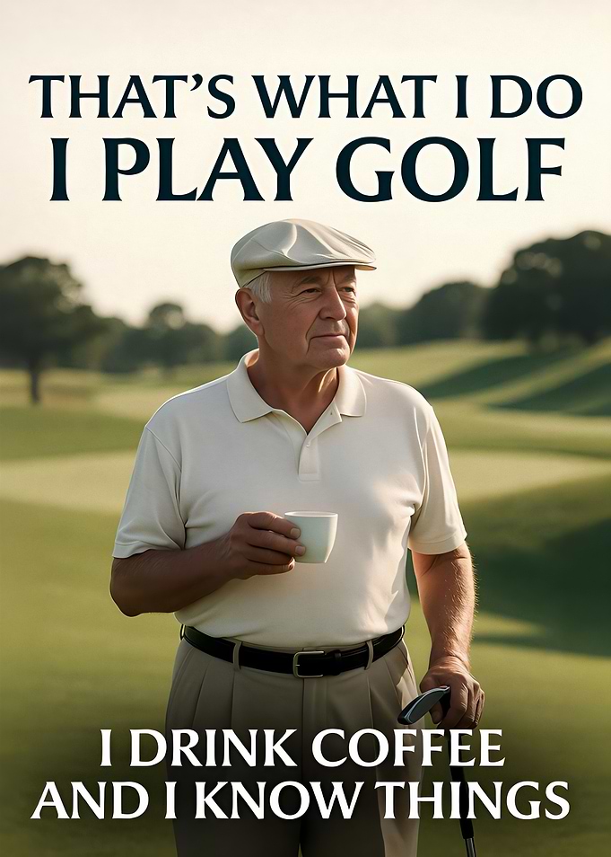 Man playing golf and drinking coffee