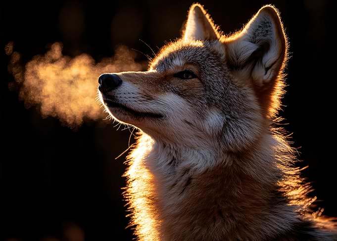 Coyote exhaling in cold weather