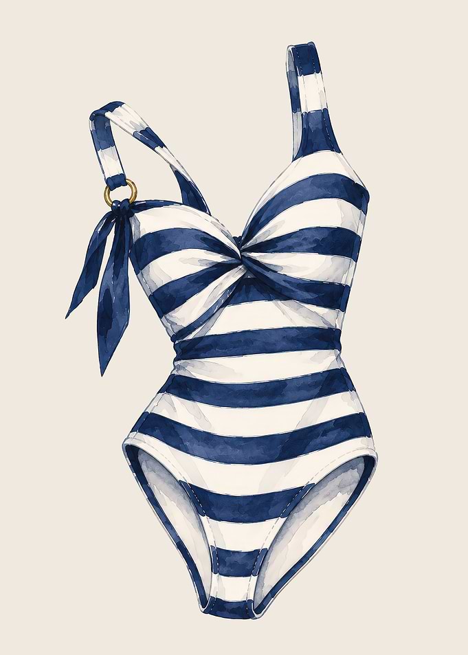 Retro Swimsuit Poster – Navy Striped Bathing Suit Art