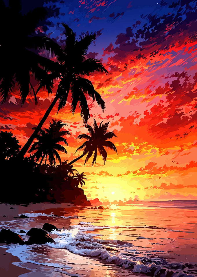 Tropical Sunset Beach with Palm Trees