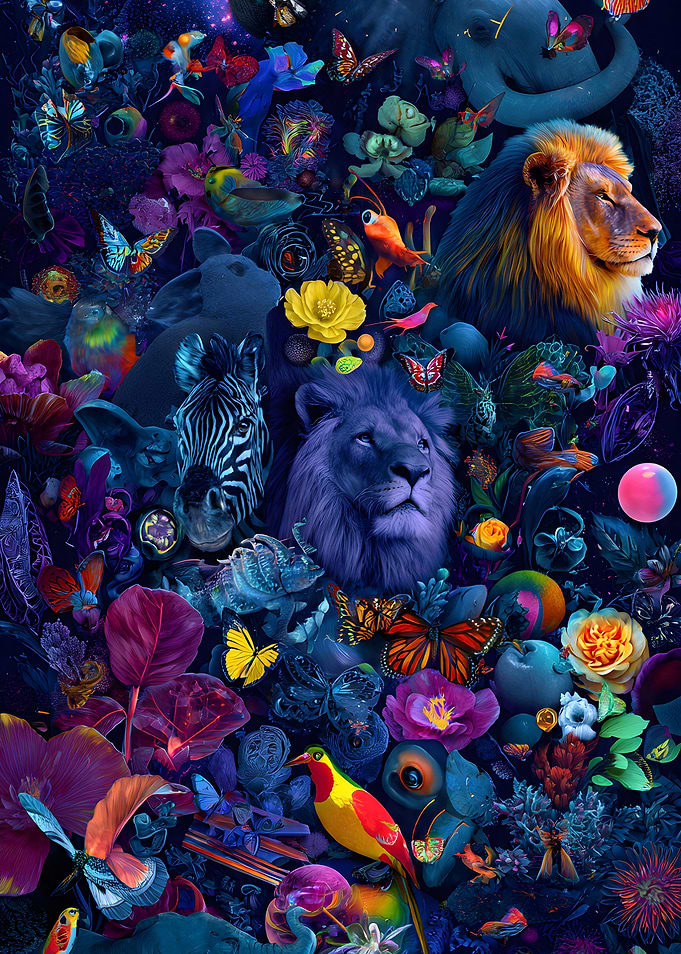 Surreal Wildlife and Floral Collage