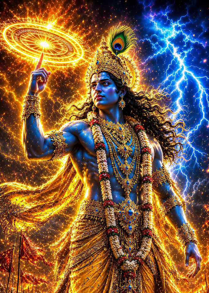 Lord Krishna Wielding Sudarshana Chakra on Kurukshetra | Epic Hindu God Cinematic Wall Art