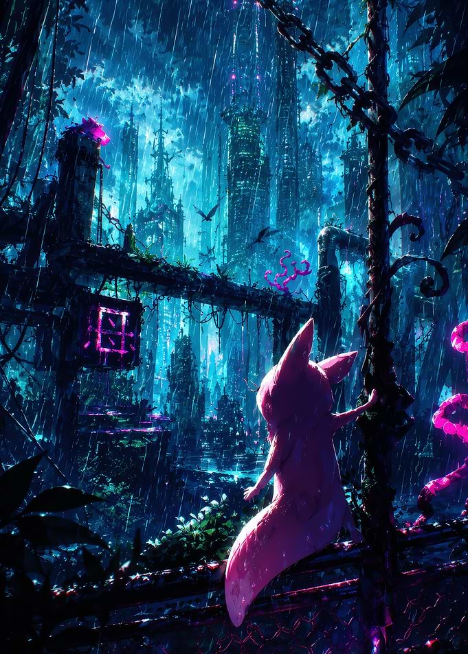 Pink Creature in Rainy City