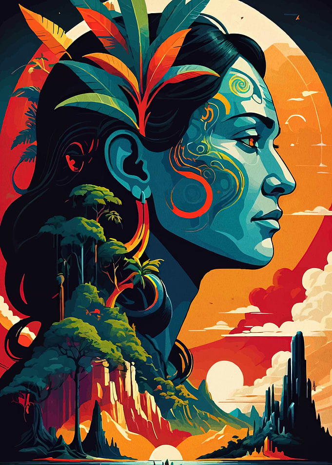 Vibrant Tribal Portrait with Landscape
