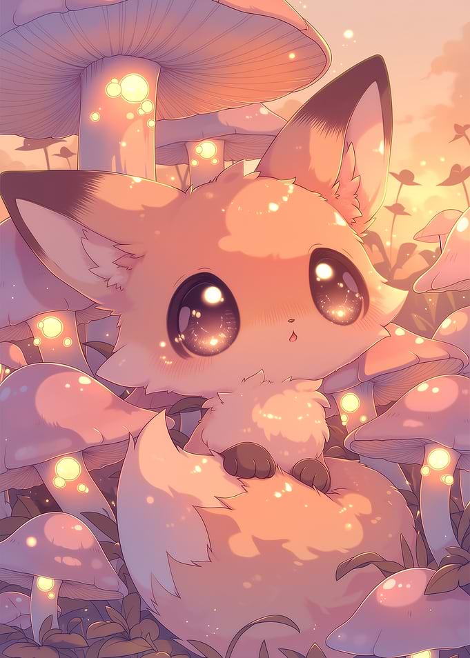 Cute Fox Among Glowing Mushrooms