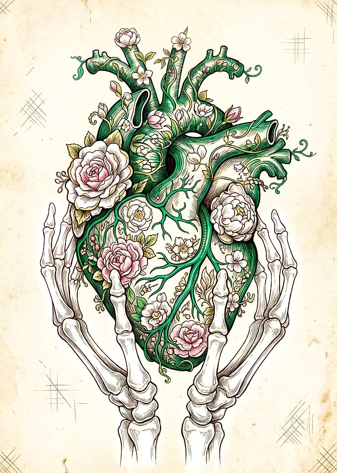 Skeleton Hands Holding Floral Heart