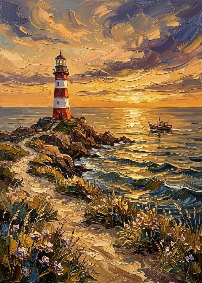 Lighthouse at Sunset Oil Painting