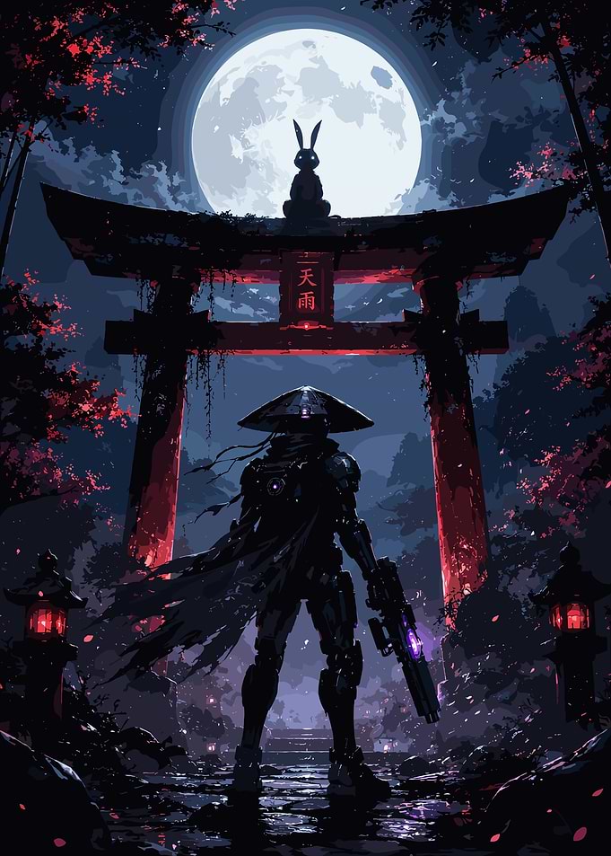 Cyberpunk Samurai Under a Full Moon