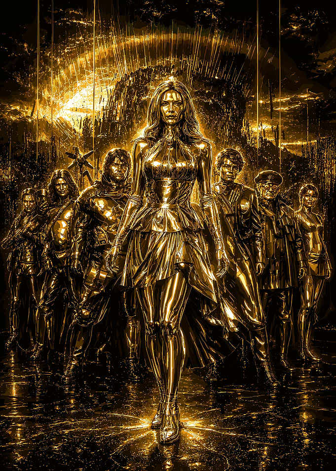 Golden Figures in a Futuristic City